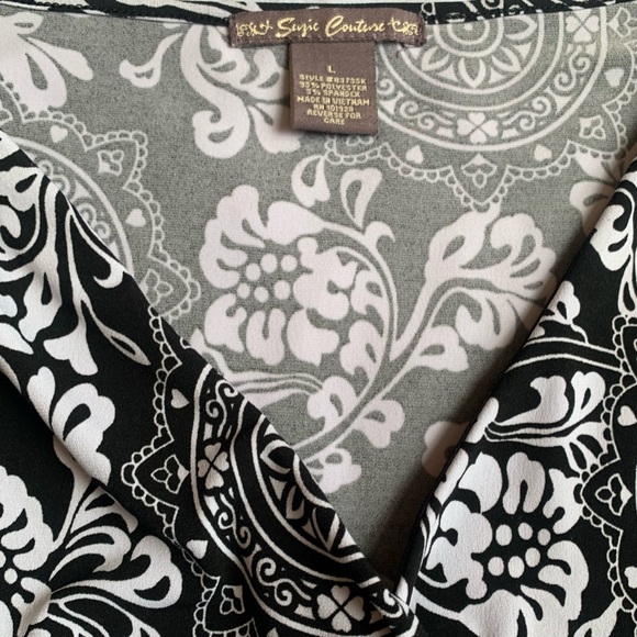 SUZIE COUTURE black & white sleeveless surplice top, large - Picture 7 of 7